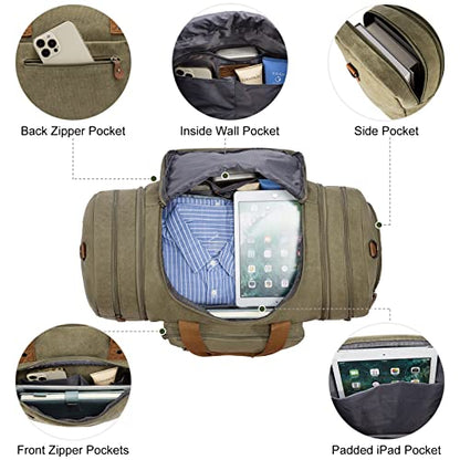 Sucipi Canvas Duffel Bag for Men, Expandable Weekend Overnight travel bags - color: Green-1