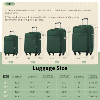 Merax Softside Luggage Set 4 Piece,18/22/26/30 Expand Suitcase,Dark Green - color: Dark Green, size: 18/22/26/30