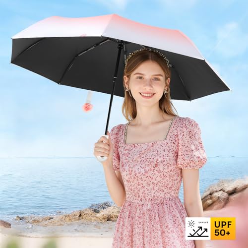 Mini Travel Umbrella Small Umbrella for Travel UV Parasol Compact Foldable - color: Pink