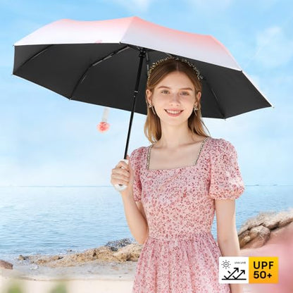 Mini Travel Umbrella Small Umbrella for Travel UV Parasol Compact Foldable - color: Pink