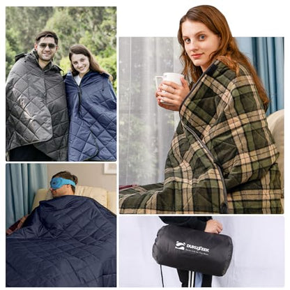 DUKUSEEK Large Waterproof Camping Blanket, Cold Weather Warm Fleece Blankets Windproof Triple Layers for Stadium,Camping, Concerts, Car, Dog - color: Wine Red Outer With Red Plaid Fleece