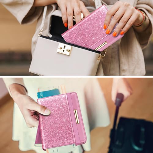 Coco Rossi Passport Holder for Travel Women Slim RFID Passport Cover Wallet - color: Glitter Dark Pink