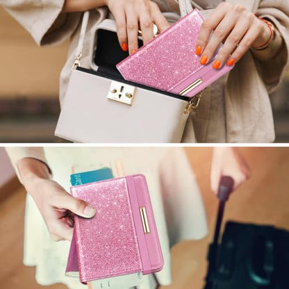Coco Rossi Passport Holder for Travel Women Slim RFID Passport Cover Wallet - color: Glitter Dark Pink