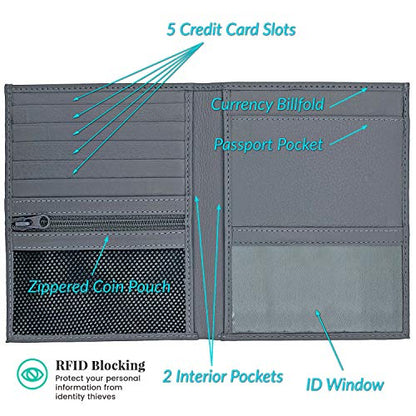 Grey RFID Genuine Leather Passport Wallet - color: Grey