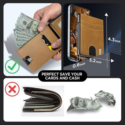 Wallet for Men, Minimalist Leather RFID Blocking Bifold Wallet, Cash Slot - color: Browns