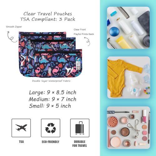 HIONXMGA Set of 3 Clear Travel Toiletry Bag, TSA Approved, Quart Size S/M/L - color: Dinosaur, Mixed Sizes