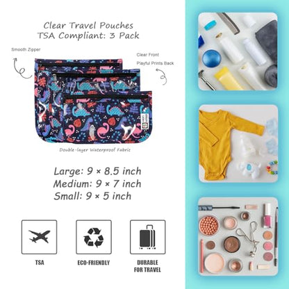 HIONXMGA Set of 3 Clear Travel Toiletry Bag, TSA Approved, Quart Size S/M/L - color: Dinosaur, Mixed Sizes