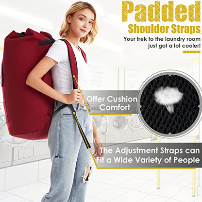 Backpack Laundry Bag, 115L Heavy Duty Extra Large College Laundry Backpack, Dirty Clothes Bag with Shoulder Straps, Laundry Hamper Bag with Drawstring Closure for College Dorm, Apartment Red - color: Red