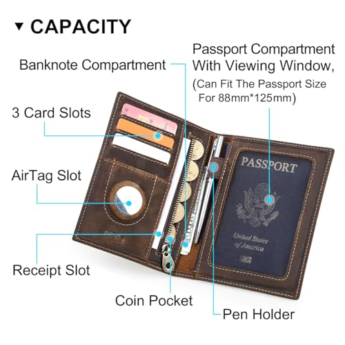 CONTACTS Rfid Passport Holder for Men Leather Passport Wallet by Handmade - color: Coffee, style: Plain- Classic