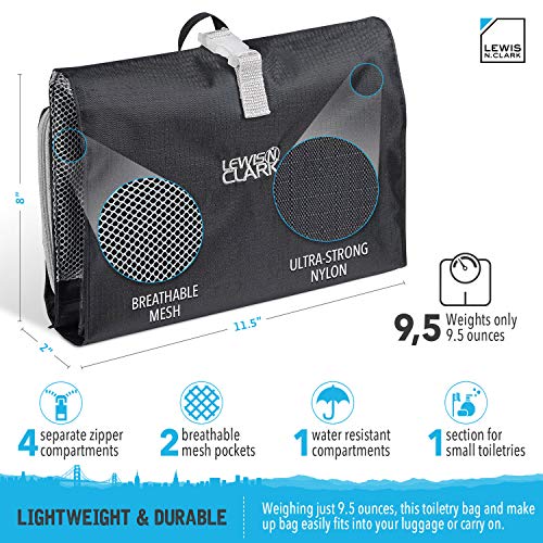 Lewis N. Clark Hanging Toiletry Bag for Travel Accessories, Shampoo, Cosmetics + Personal Items with Waterproof Compartment and Folding Design, Black