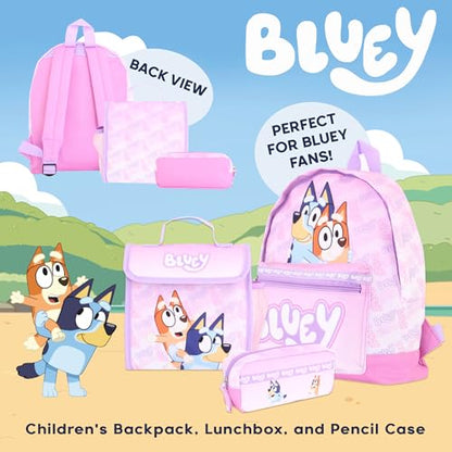 Bluey Backpack for Girls Pink, 3 Piece Set with Lunch Box and Pencil Case