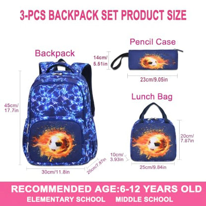 Boys Backpack Set 3PCS Ages 6-12, Kids School Backpack - color: Flame Soccer Blue