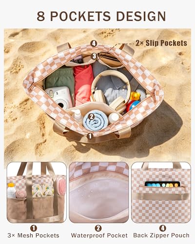 Large Beach Tote Pool Swim Bag for Women Sandproof with Wet Compartment - color: Green Plaid