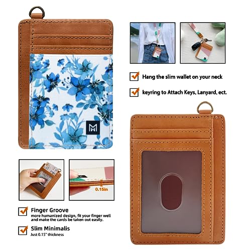 Credit Card Holder Wallet Women RFID Blocking Slim Wallet Front Pocket - color: Blue Flowers