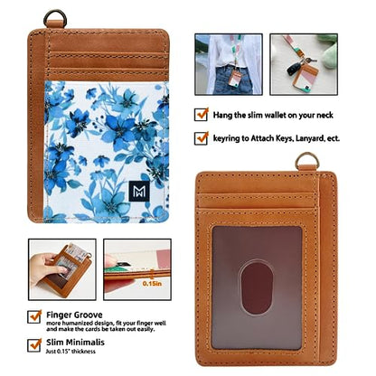 Credit Card Holder Wallet Women RFID Blocking Slim Wallet Front Pocket - color: Blue Flowers