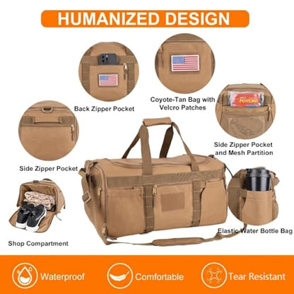Tactical Duffle Bag with Shoe Compartment, Gym Travel Backpack, 45L - color: khaki