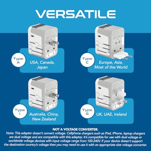 Ceptics Universal Travel Adapter, 3 USB-C + 2 USB-A with Universal Input - color: Smoke White