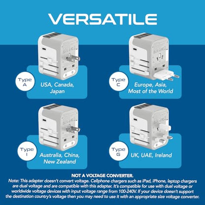 Ceptics Universal Travel Adapter, 3 USB-C + 2 USB-A with Universal Input - color: Smoke White