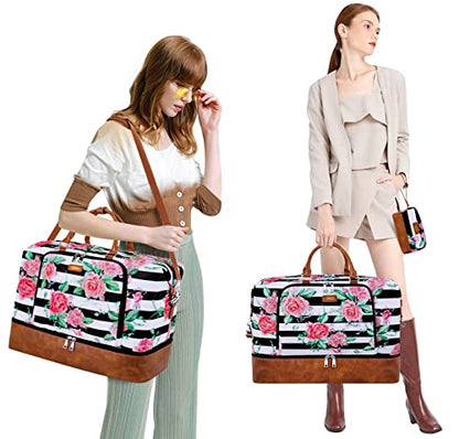 TIBES Travel Weekender Bag for Women, Overnight Bag with Shoe Compartment - color: M-Flower Black & White Strips