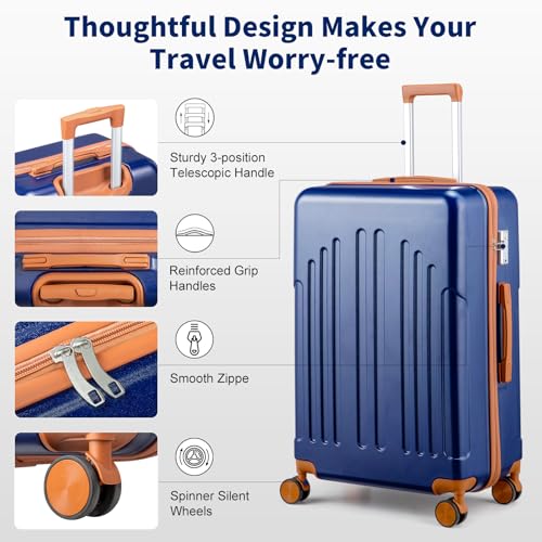 Karl home 28in Checked Luggage, Large Suitcase with Wheels, Blue & Brown - color: Navy Blue & Brown, size: 28 Inch