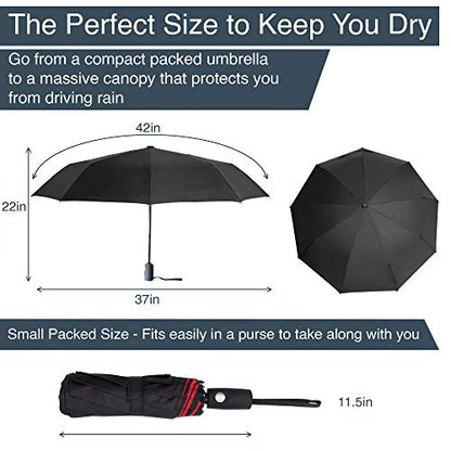 RainPlus Windproof Travel Umbrella - Compact, Automatic, Folding and Portable - Umbrellas For Rain for Men and Women - Car, Backpack, Purse, Strong & Wind Resistant - color: Black/Red