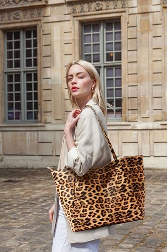 KALIDI Large Tote Bag Vegan Leather 16L Casual Zipper Work Weekender - color: Leopard a