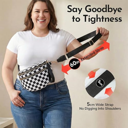 Checkerboard Crossbody Bag for Women, Expandable Plaid Belt Bag Nylon Fanny Pack with Multiple Pockets - color: Black White Checkered