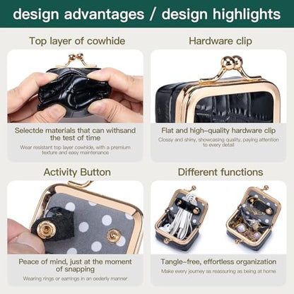 Mini Travel Jewelry Box Organizer with Crocodile Pattern, Premium Cowhide Leather, Rose Gold Kiss-Lock Clasp, Portable Storage Case, 2.56 x 1.77 x 1.38 Inches (Light purple, S) - color: Light purple