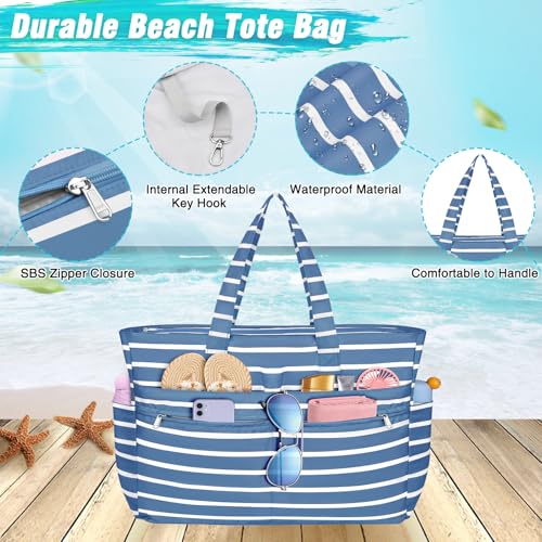 HUANLANG Extra Large Beach Bag Waterproof Beach Totes Bags for Women Men,Pool Bag with Zipper Wet Pocket - color: Gray and Blue