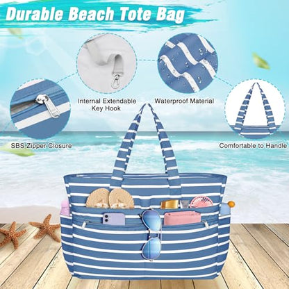 HUANLANG Extra Large Beach Bag Waterproof Beach Totes Bags for Women Men,Pool Bag with Zipper Wet Pocket - color: Gray and Blue