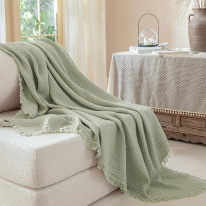 Muslin Fringe Blankets for Adults: 100% Cotton Cloud Soft - color: Sage Green, size: Queen (90" × 90")