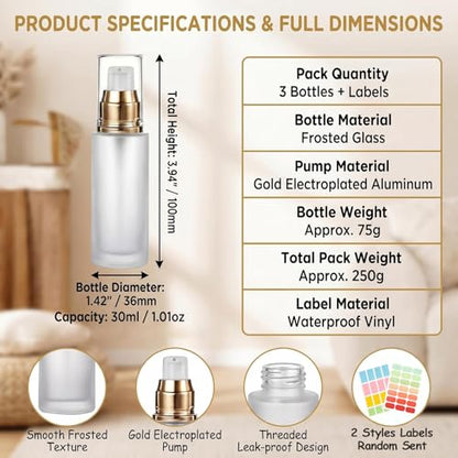 3Pcs 1oz Clear Frosted Glass Lotion Pump Bottles with Stickers - size: 30ML/1oz