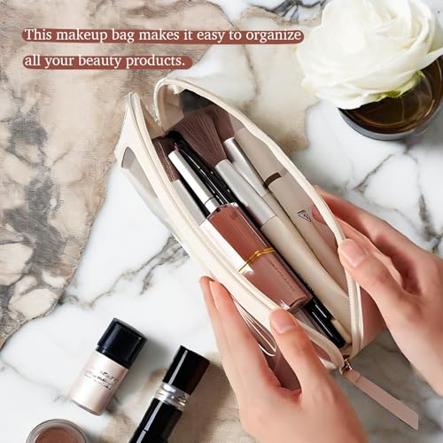 Clear Makeup Brush Bag Case,Leather Travel Make up Brush Holder, Portable MakeupBrush Case, Make Up Brush Pouch for Makeup Tools, Cosmetic Organizer with Zipper (White) - color: White