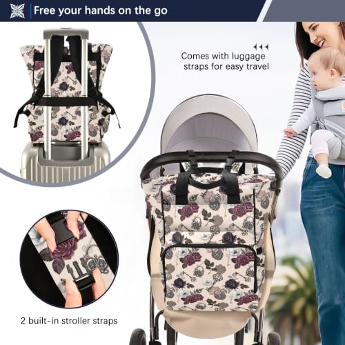 Mnsruu Diaper Bag Rose Gothic Key Lock Large Changing Backpack Multifunction Travel Tote Mommy Bag Baby Diaper Backpack for Mom Dad - color: Rose Th0012