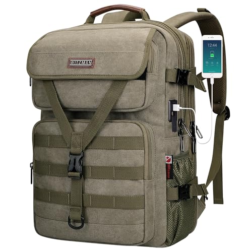 WITZMAN Canvas Travel Backpack for Men Large Laptop Backpack Fits 16 Inch - color: Army Green
