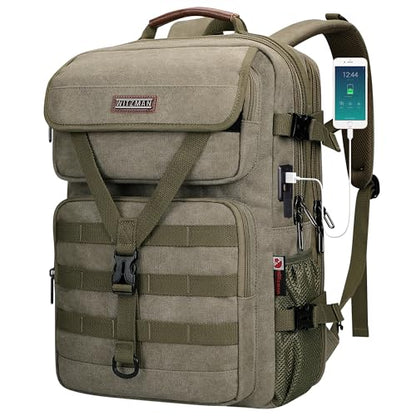 WITZMAN Canvas Travel Backpack for Men Large Laptop Backpack Fits 16 Inch - color: Army Green
