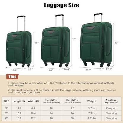 Merax Suitcase Set, Softside 3-Piece Expandable Luggage - color: Dark Green(22/26/30)