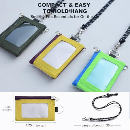 RFID 차단 여행용 지갑, 조절 가능한 랜야드 포함, 작은 나일론 지퍼 파우치 및 신분증, 신용 카드, 현금, 열쇠, 통근자용 배지 홀더, 아몬드+다크옐로우, 끈이 달린 RFID 차단 여행용 지갑 - color: 아몬드+다크옐로우