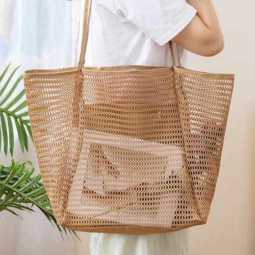 Large Beach Bags for Women, Mesh Beach Tote with Zipper, Foldable Pool Tote Bag Travel Beachbag Waterproof Sandproof - color: Khaki