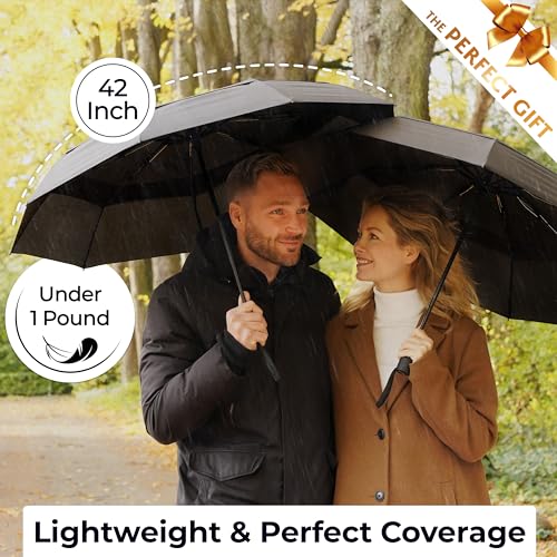 TUMELLA Strongest Windproof Travel Umbrella (Compact, 100MPH Wind-Tested), Light, Portable, One-Handed Use, Automatic Folding Rain Umbrella, Durable, Premium Grip, Fits Car & Backpack - color: Black