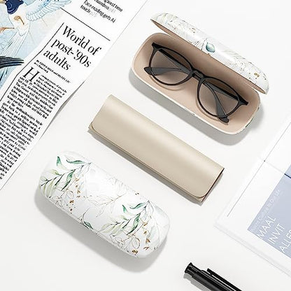 Eyeglasses Case, Hard Shell Protective Case for Glasses, Unisex for Women Men - color: White Background Leaves