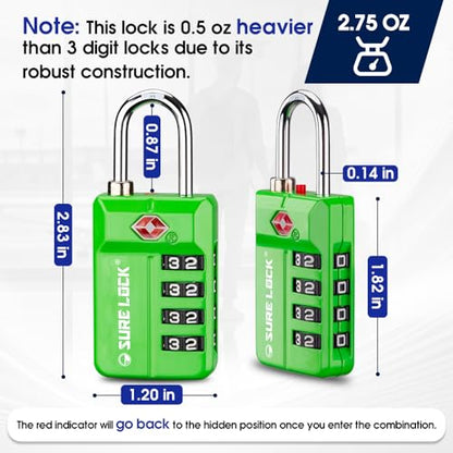 SURE LOCK TSA Approved 4-Digit Resettable Combination Luggage Lock with Open Alert, Easy-Read Dials - for Luggage, School Lockers, Gym, Office, Toolbox & Security Cases(Green 1 Pack) - color: Green