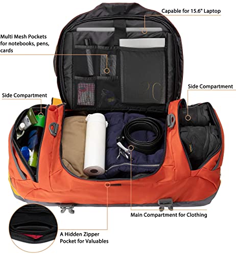 Ubon Convertible Duffel Backpack Weekender Gym Bag with Shoe Compartment - color: Orange, size: 55L
