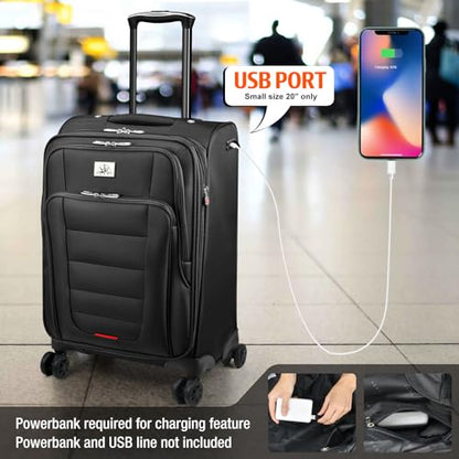 Verdi Luggage Set 3-Piece Suitcase with Spinner Wheel Softside Expandable, Carry On Luggage with USB Port (Black, 3-Piece set(20/24/28)) - color: Black, size: 3-Piece set(20/24/28)