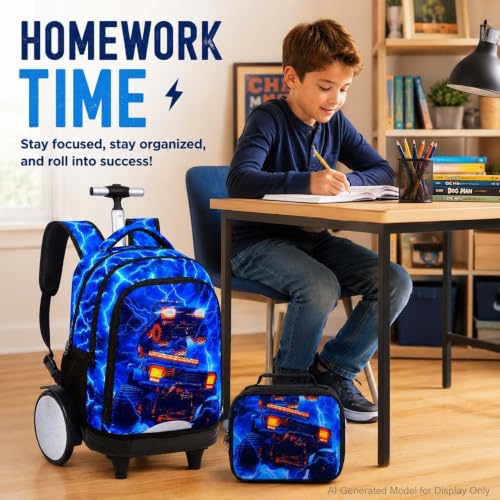 3Pcs Large Rolling Backpack for Boys, 20 Inch Detachable Wheeled Bookbag with Lunch Box, Durable Lightning Truck Roller Backpack for Elementary Middle School (Blue) - color: Large Wheels Truck Blue