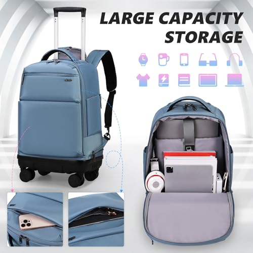 Rolling Backpack with Removable Wheels, 18 inch Computer Laptop Bag Carry on Travel Wheeled Business Backpack for Women Men - color: Lake