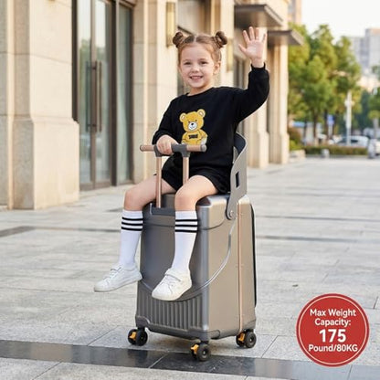 Ride On Suitcase for Kids Ages 2-12, Widened Handle Luggage with Seat & Front Pocket, Lightweight Hardshell Travel Case with 360° Silent Spinner Wheels and TSA Approved Lock,Grey - color: Grey