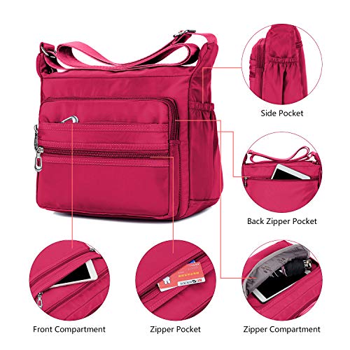 Crossbody Bag for Women Waterproof Shoulder Bag Multi Pockets Nylon Purse - color: Pink-s
