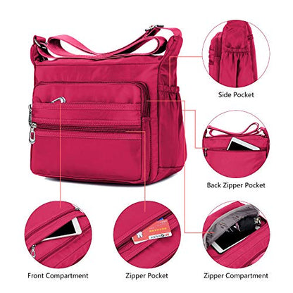 Crossbody Bag for Women Waterproof Shoulder Bag Multi Pockets Nylon Purse - color: Pink-s