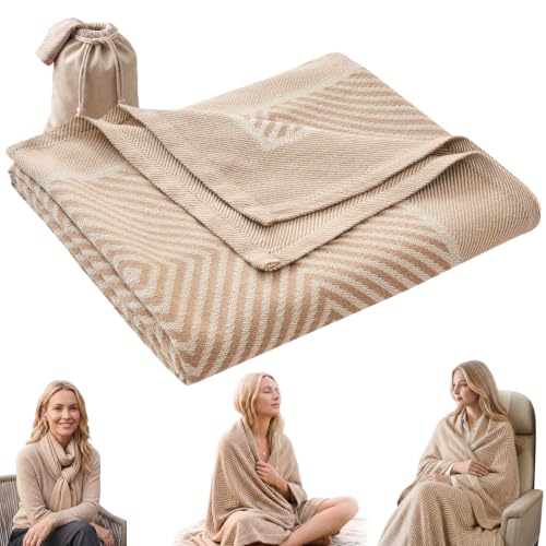 Travel Blanket Airplane - Ultra Soft & Lightweight Knit Design - color: Khaki, size: 51.2"x59.8"